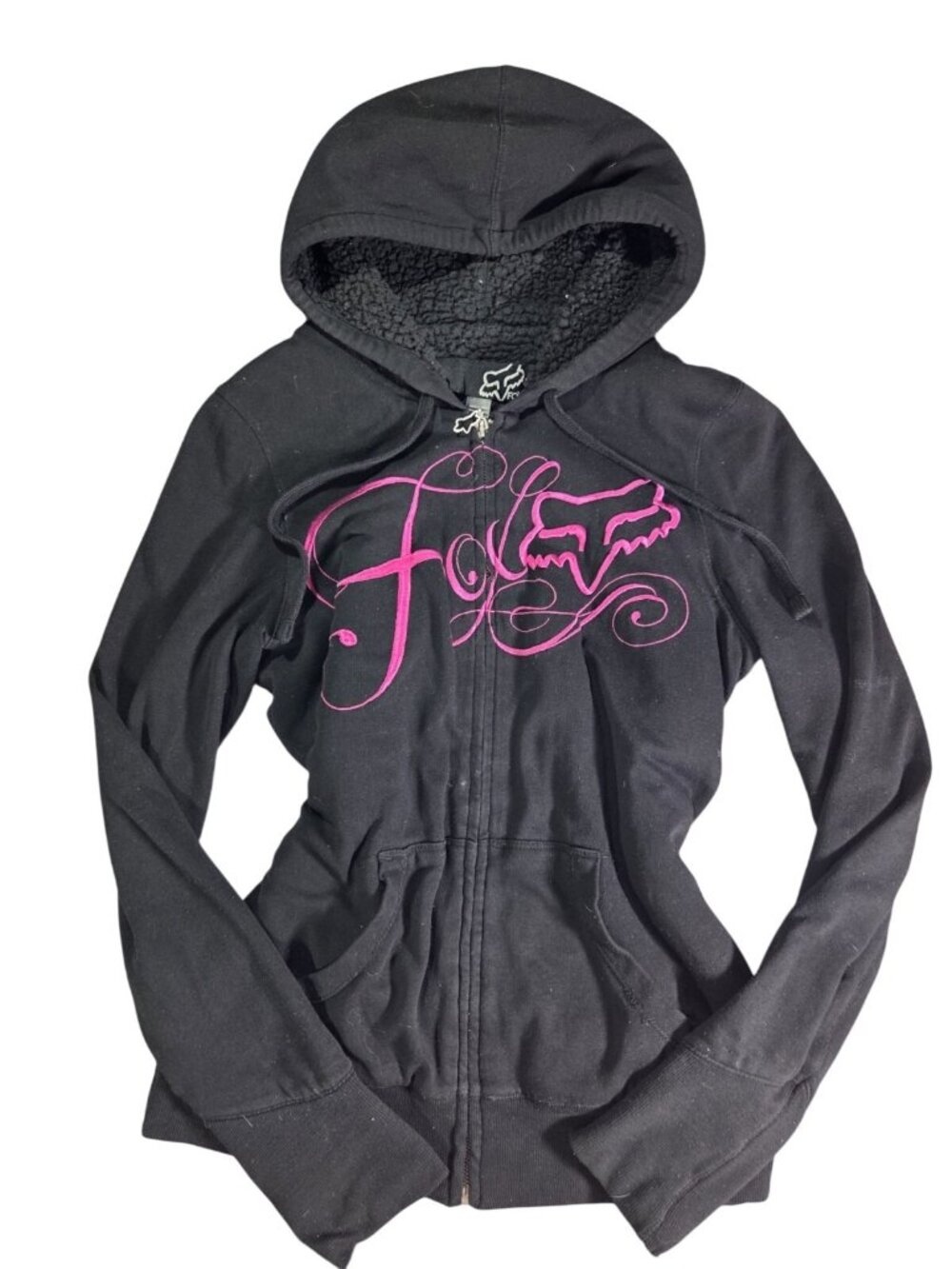 VTG Y2K Fox Racing Womens Full Zip Fur Lined Hoodie Black Pink Embroidered Sz L